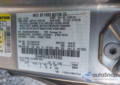 2020 Ford Fusion Sel z USA, uszkodzony, nr VIN 3FA6P0CD3LR193405